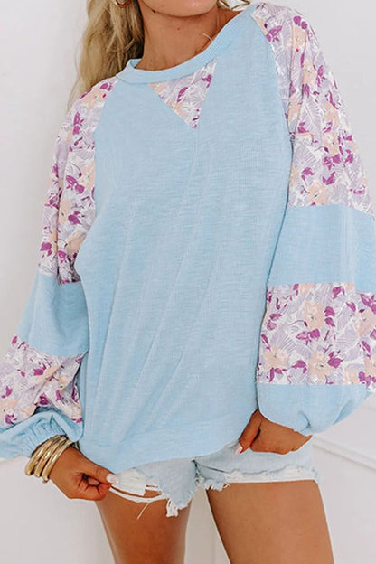 Spirit and Rebel Printed Round Neck Balloon Sleeve Bohemian Blouse [Spirit and Rebel] Light Blue S 