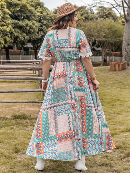 Plus Size Lace Detail Printed Half Sleeve Midi Boho Dress - Spirit and Rebel [Spirit and Rebel]   