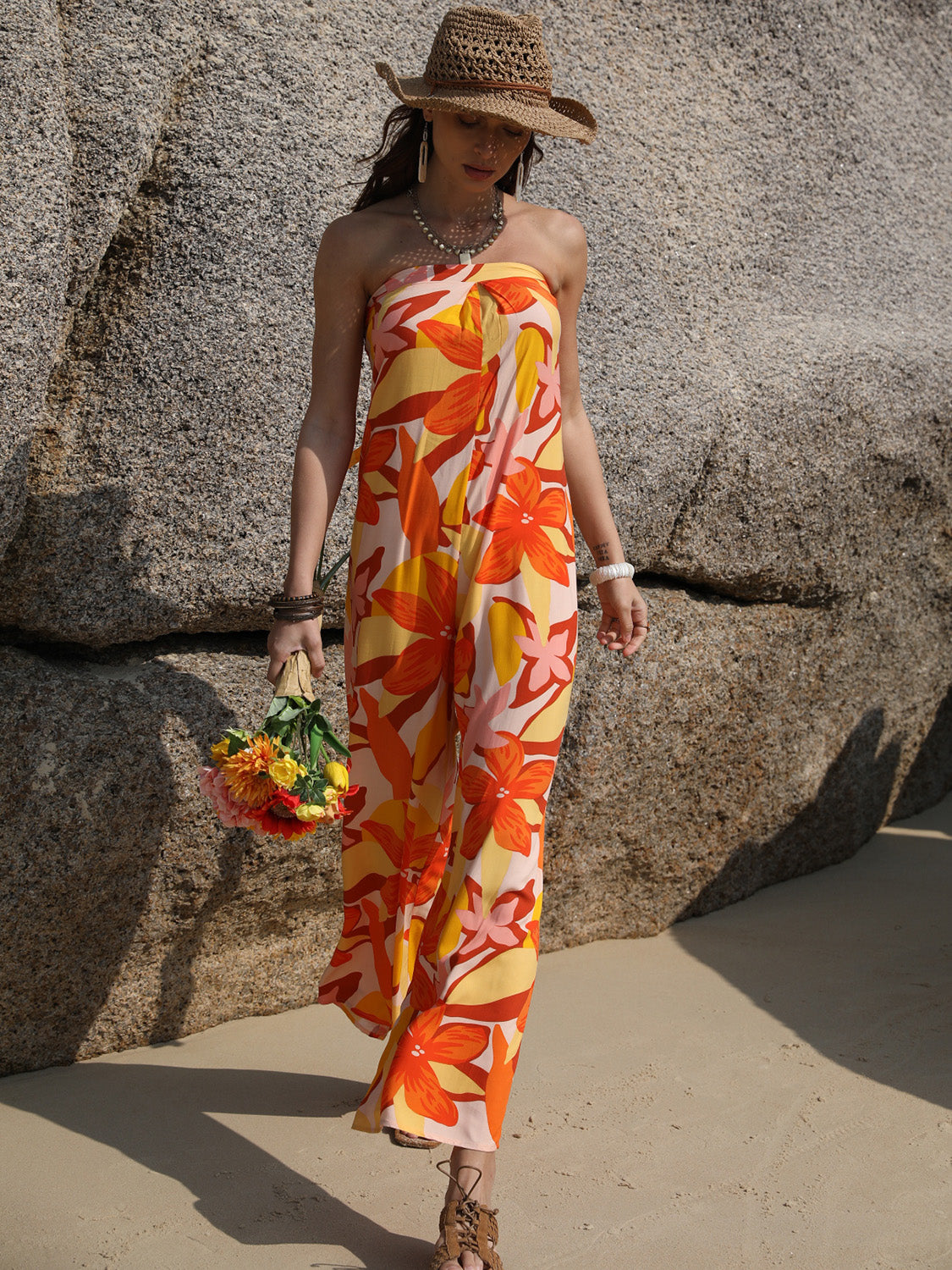 Tied Printed Tube Wide Leg Boho Jumpsuit - Spirit and Rebel [Spirit and Rebel]   