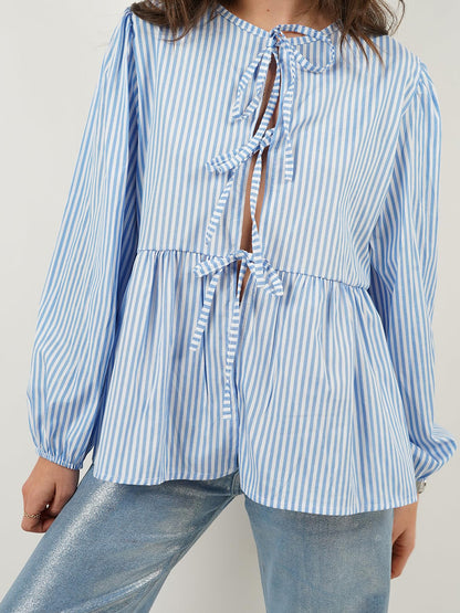 Tied Round Neck Long Sleeve Boho Blouse - Spirit and Rebel [Spirit and Rebel] Stripe S 