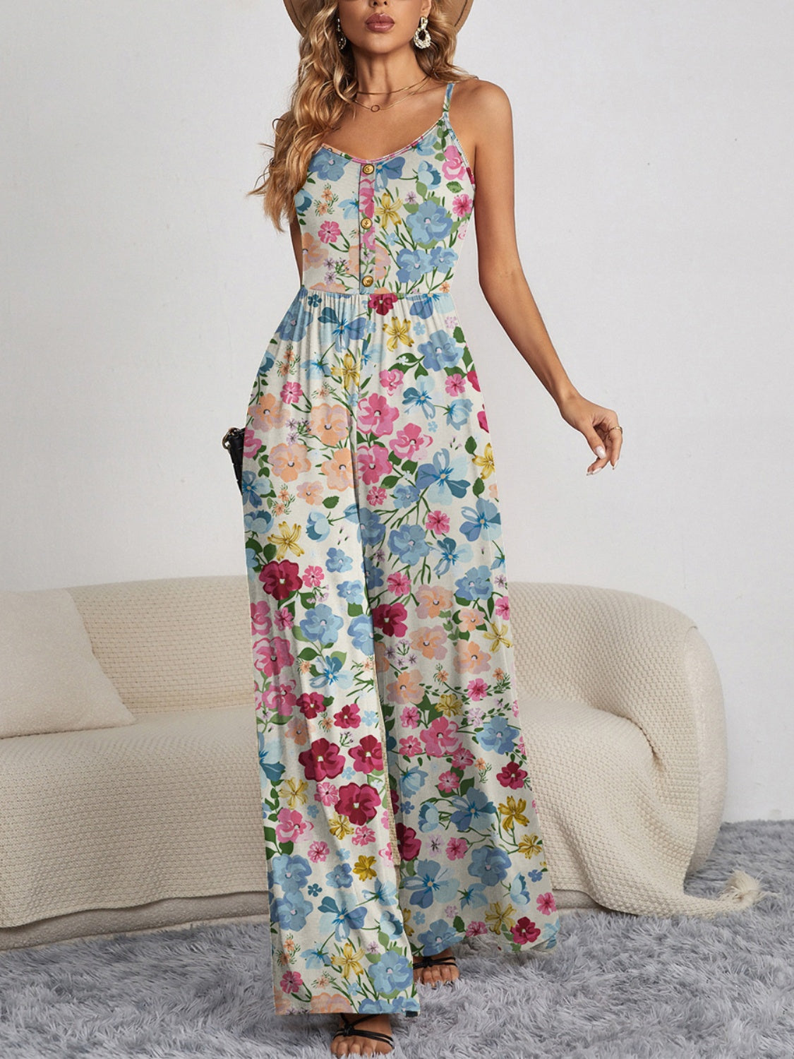 Boho Chic  Decorative Button Spaghetti Strap Wide Leg Jumpsuit [Spirit and Rebel] Floral S 