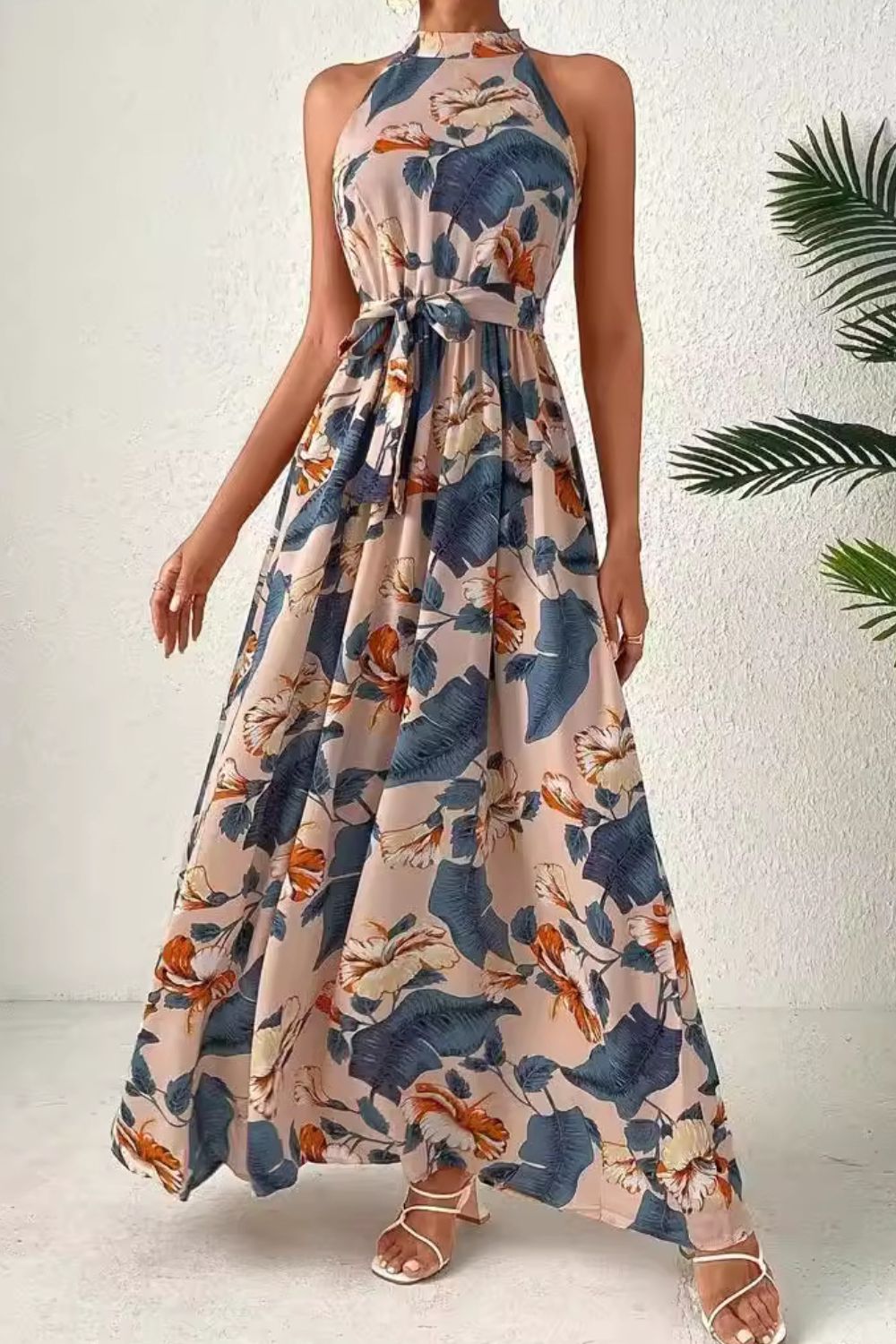 Tied Slit Floral Sleeveless Boho Dress [Spirit and Rebel] Dusty Blue L 