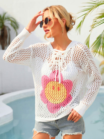 Sunset and Swim Flower Graphic Lace-Up Openwork Hooded Cover Up Sunset and Swim