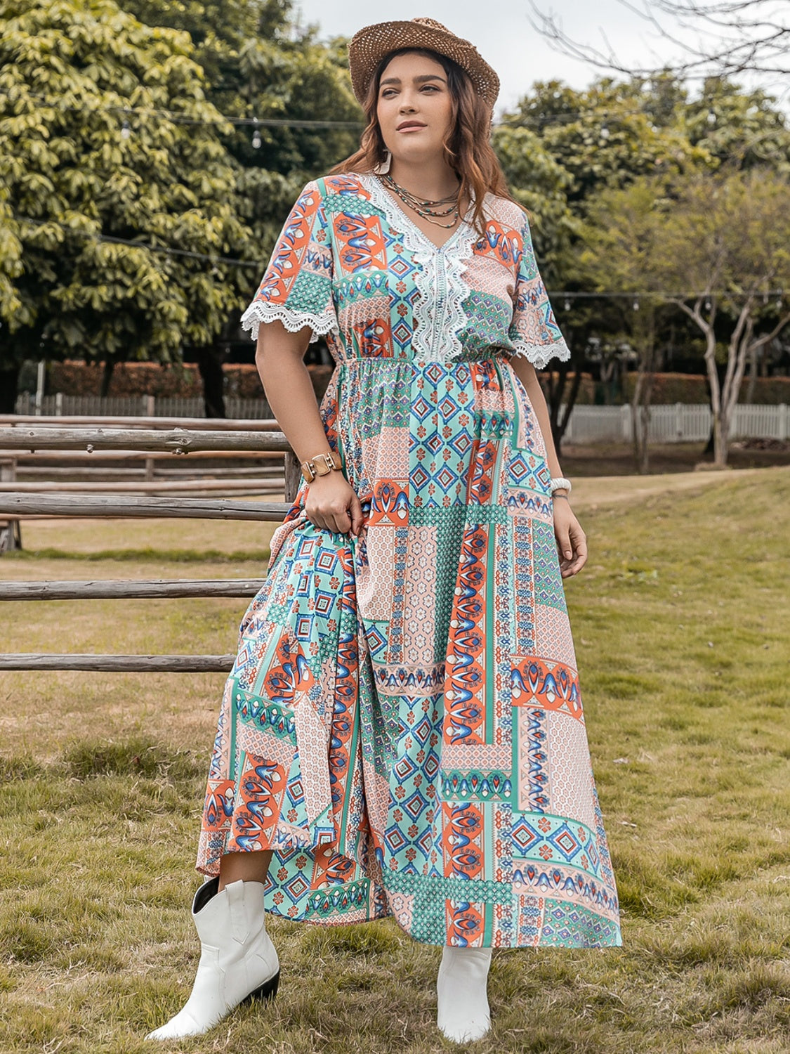 Plus Size Lace Detail Printed Half Sleeve Midi Boho Dress - Spirit and Rebel [Spirit and Rebel]   