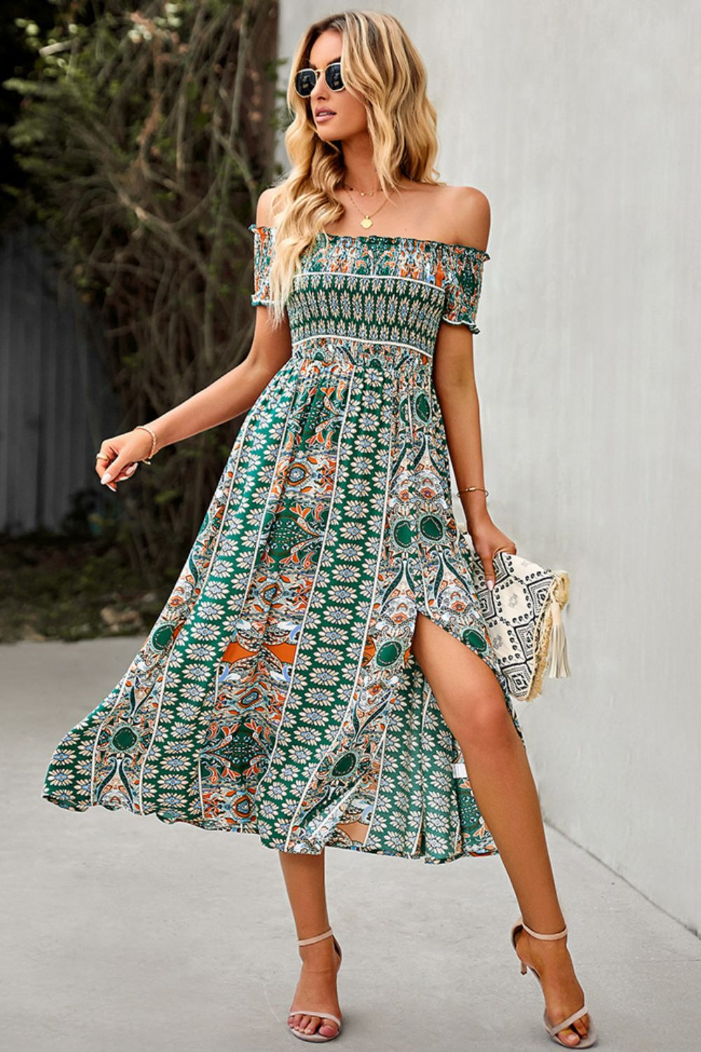 Off-Shoulder Frill Trim Split Boho Wedding Guest Dress [Spirit and Rebel] Green S 