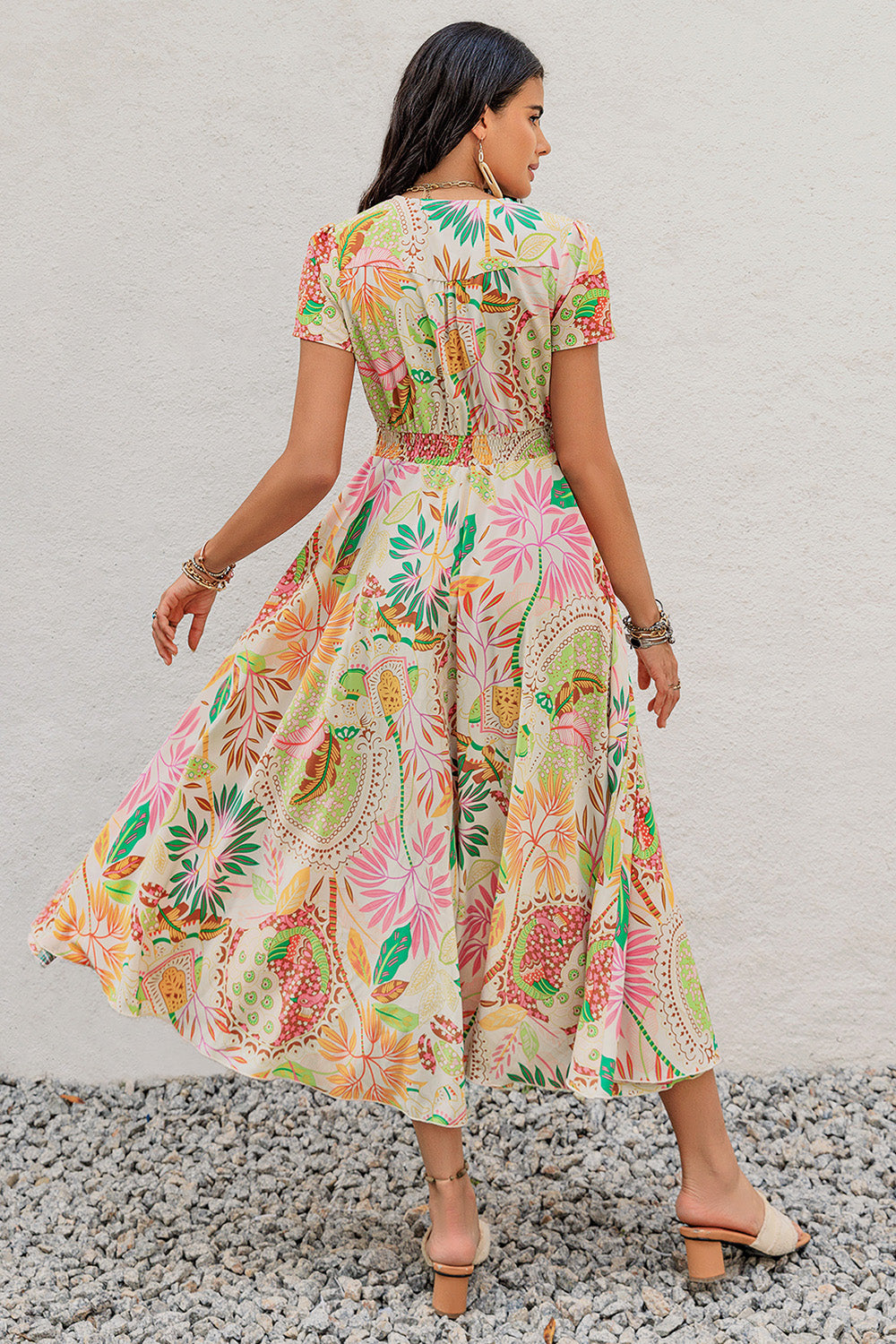 Printed V-Neck Short Sleeve Midi Boho Dress - Spirit and Rebel [Spirit and Rebel]   