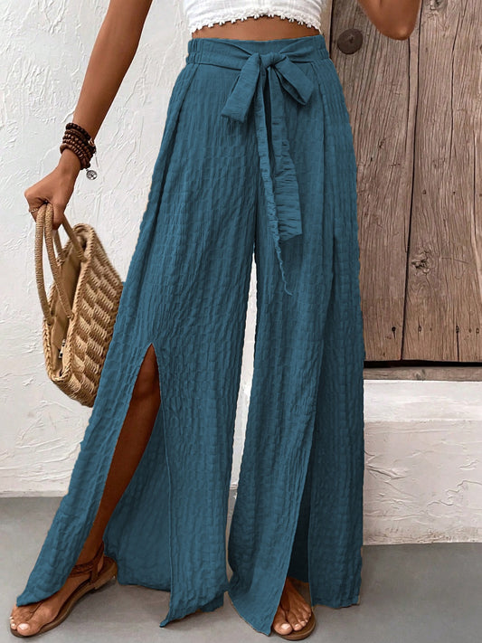 Tied Slit Wide Leg Boho Pants - Spirit and Rebel [Spirit and Rebel] French Blue S 