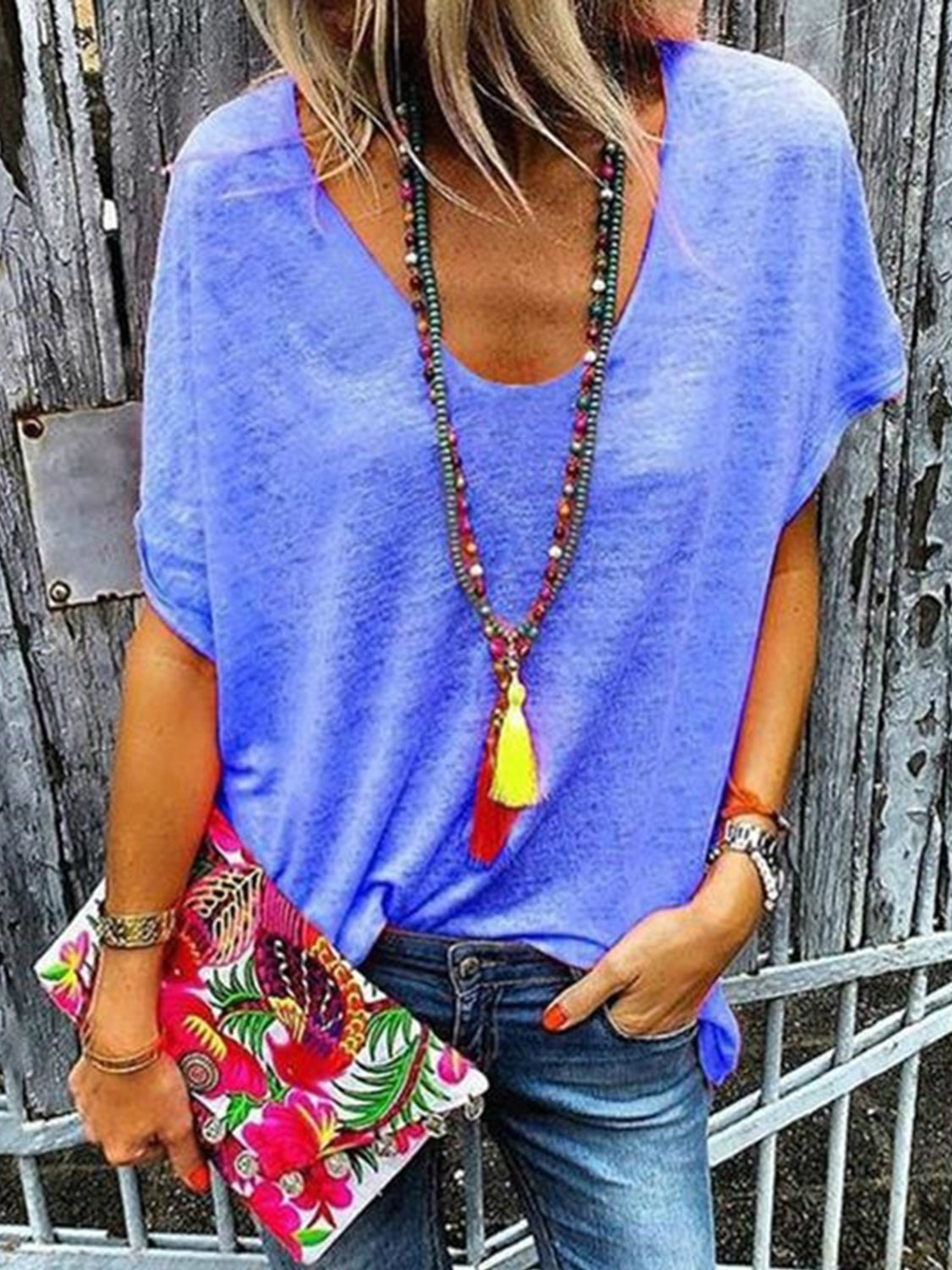 Plus Size Scoop Neck Short Sleeve T-Boho Shirt - Spirit and Rebel [Spirit and Rebel] Blue Purple S 