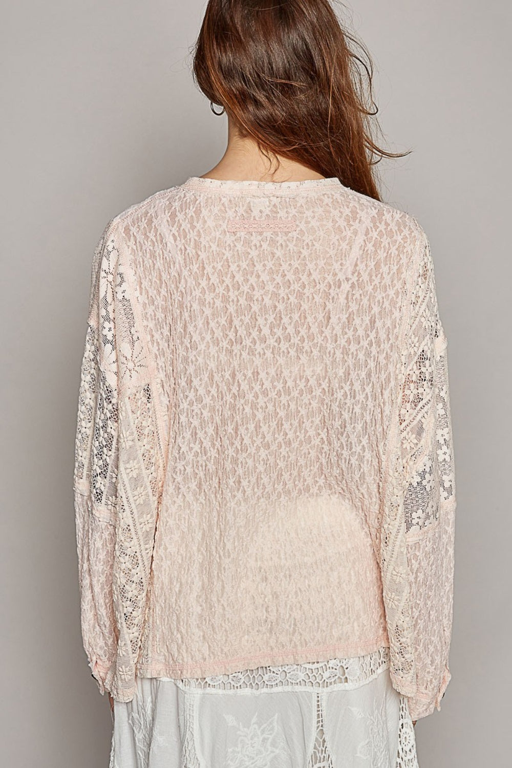 Round Neck Long Sleeve Raw Edge Lace Boho Top - Spirit and Rebel [Spirit and Rebel]   