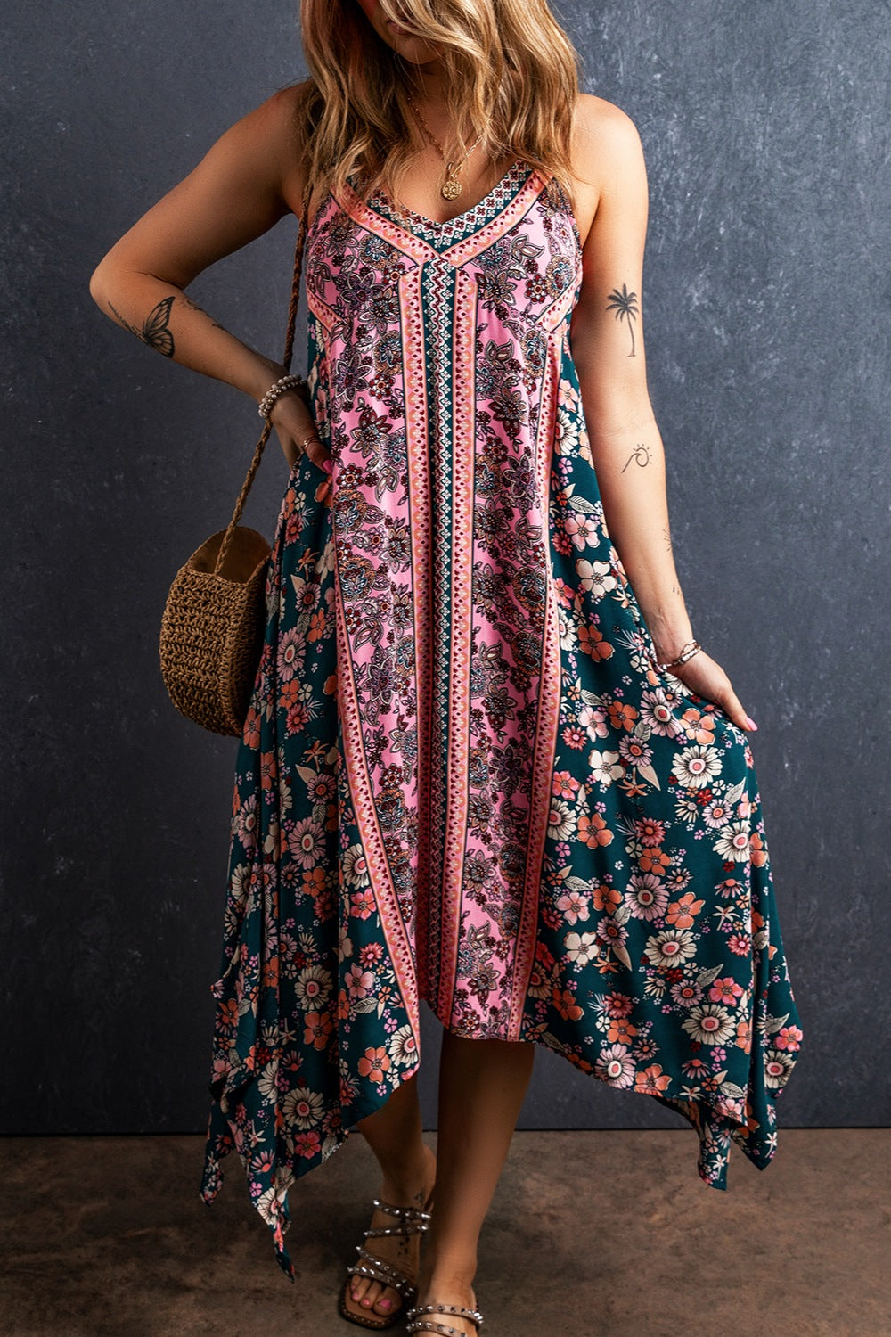 Printed V-Neck Midi Cami Boho Dress [Spirit and Rebel]   