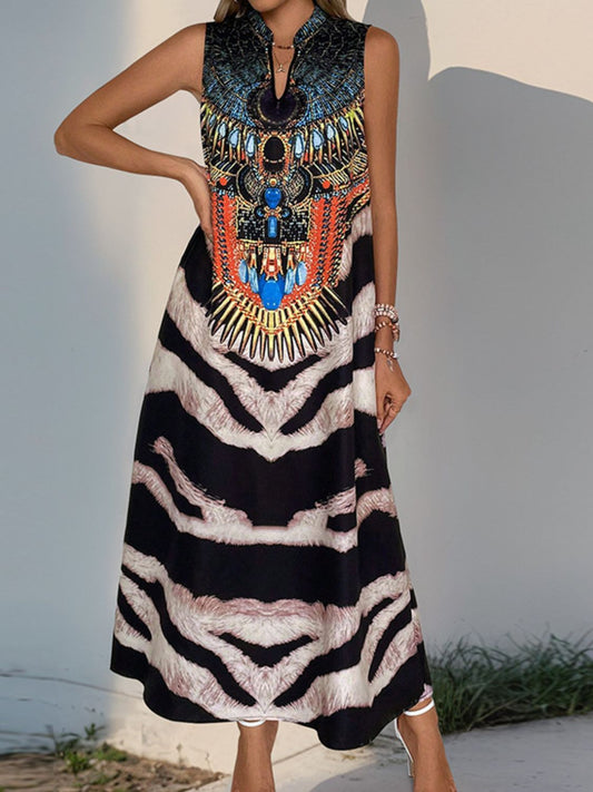 Perfee Printed Notched Sleeveless Dress