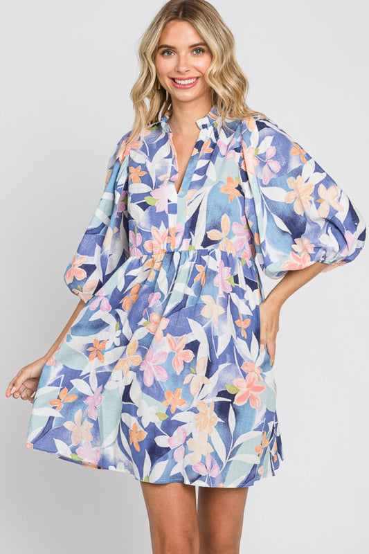 Floral Print Mini Boho Dress - Spirit and Rebel [Spirit and Rebel] Blue Multi S 