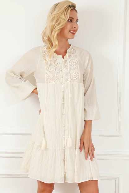 Tie Neck Balloon Sleeve Boho Mini Dress [Spirit and Rebel]   