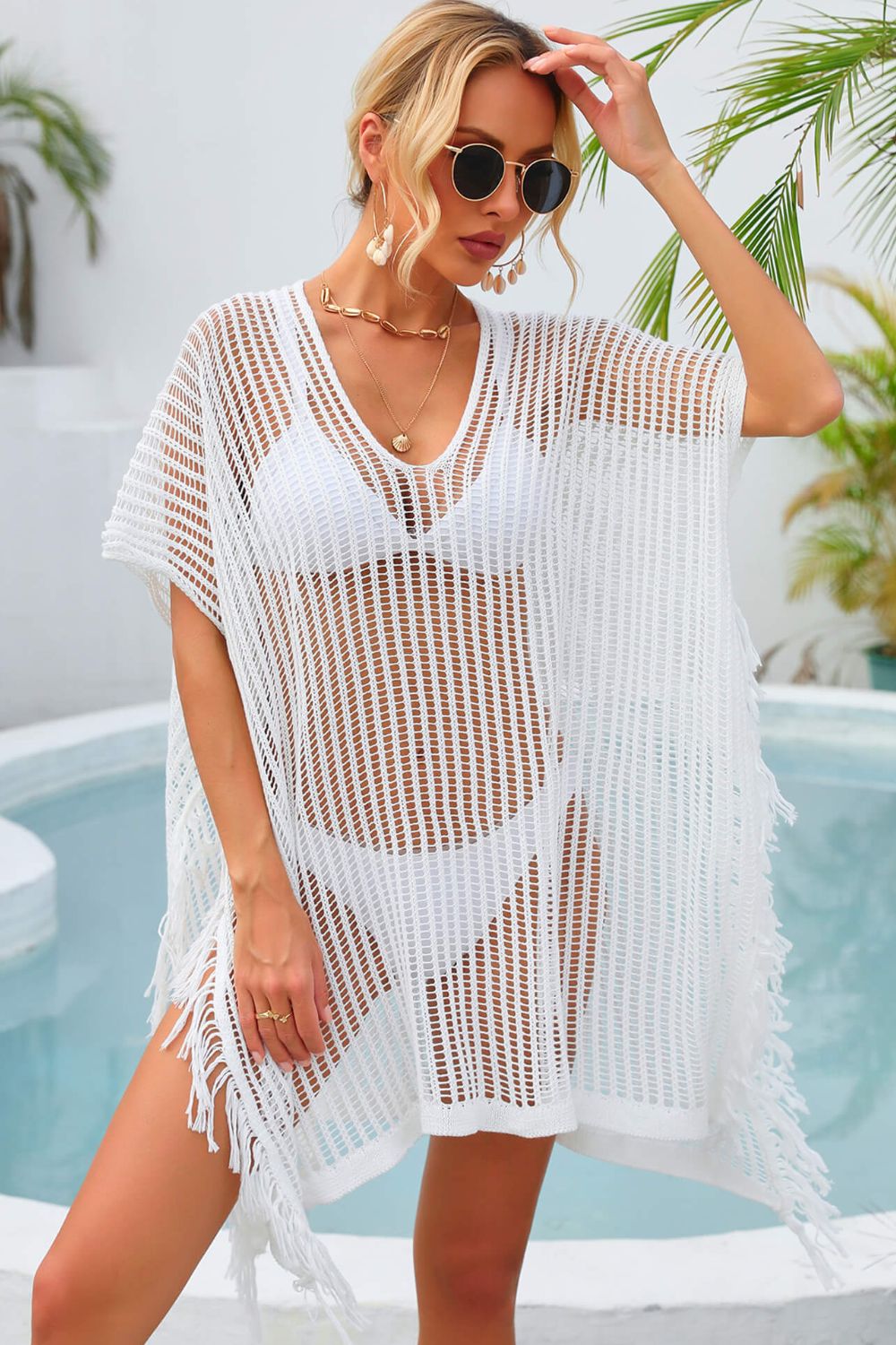 Fringe Trim Openwork Cover Up Sunset and Swim White One Size