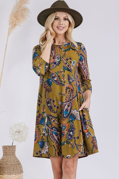 Plus Size Paisley Print Round Neck Dress with Pockets - Spirit and Rebel [Spirit and Rebel]   