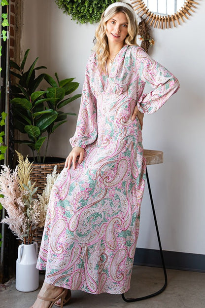 Paisley Print Tie-Back Long Sleeve Maxi Boho Dress - Spirit and Rebel [Spirit and Rebel] Multi S 