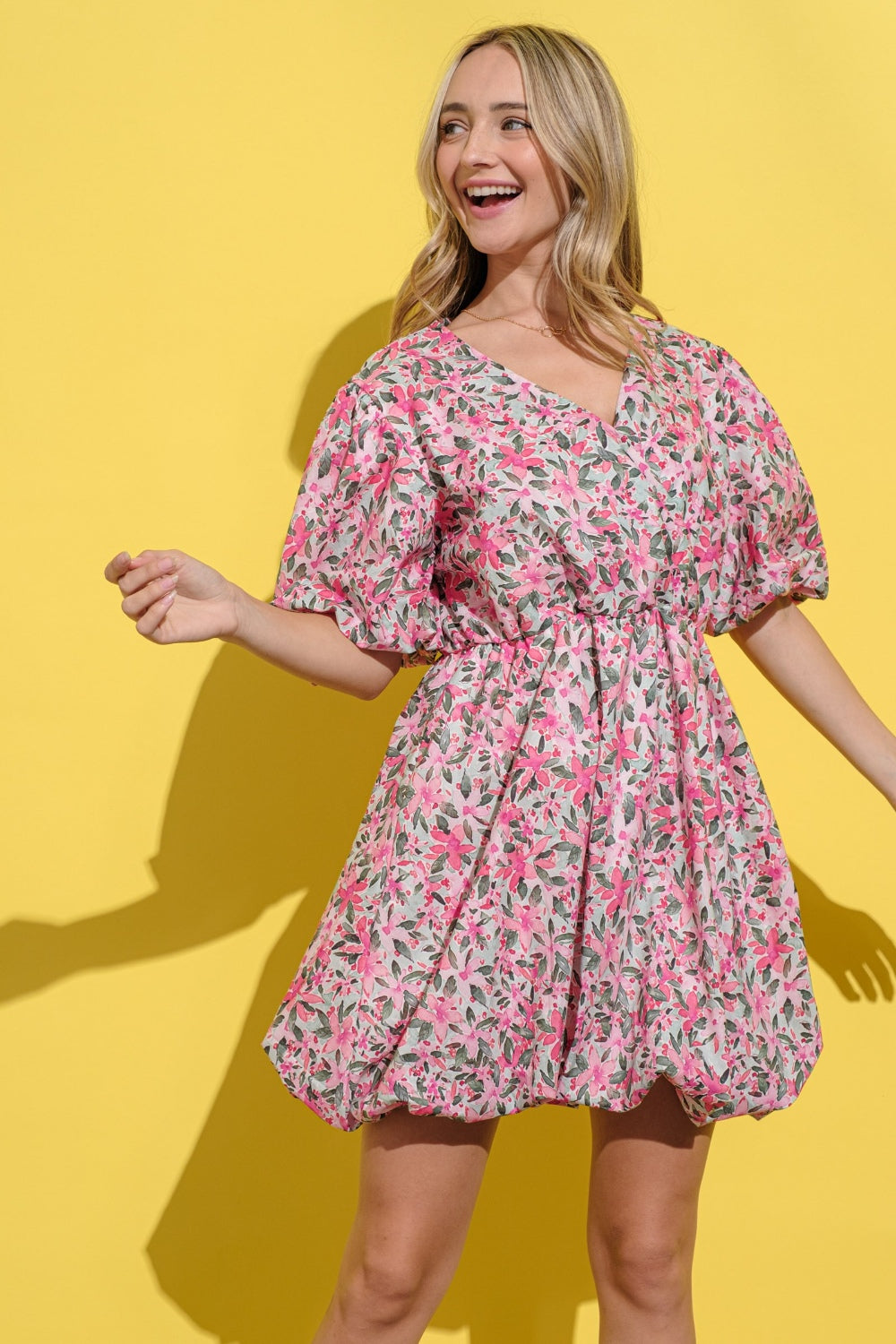 Plus Size Floral Surplice Puff Sleeve Dress - Spirit and Rebel [Spirit and Rebel] Pink Multi S 