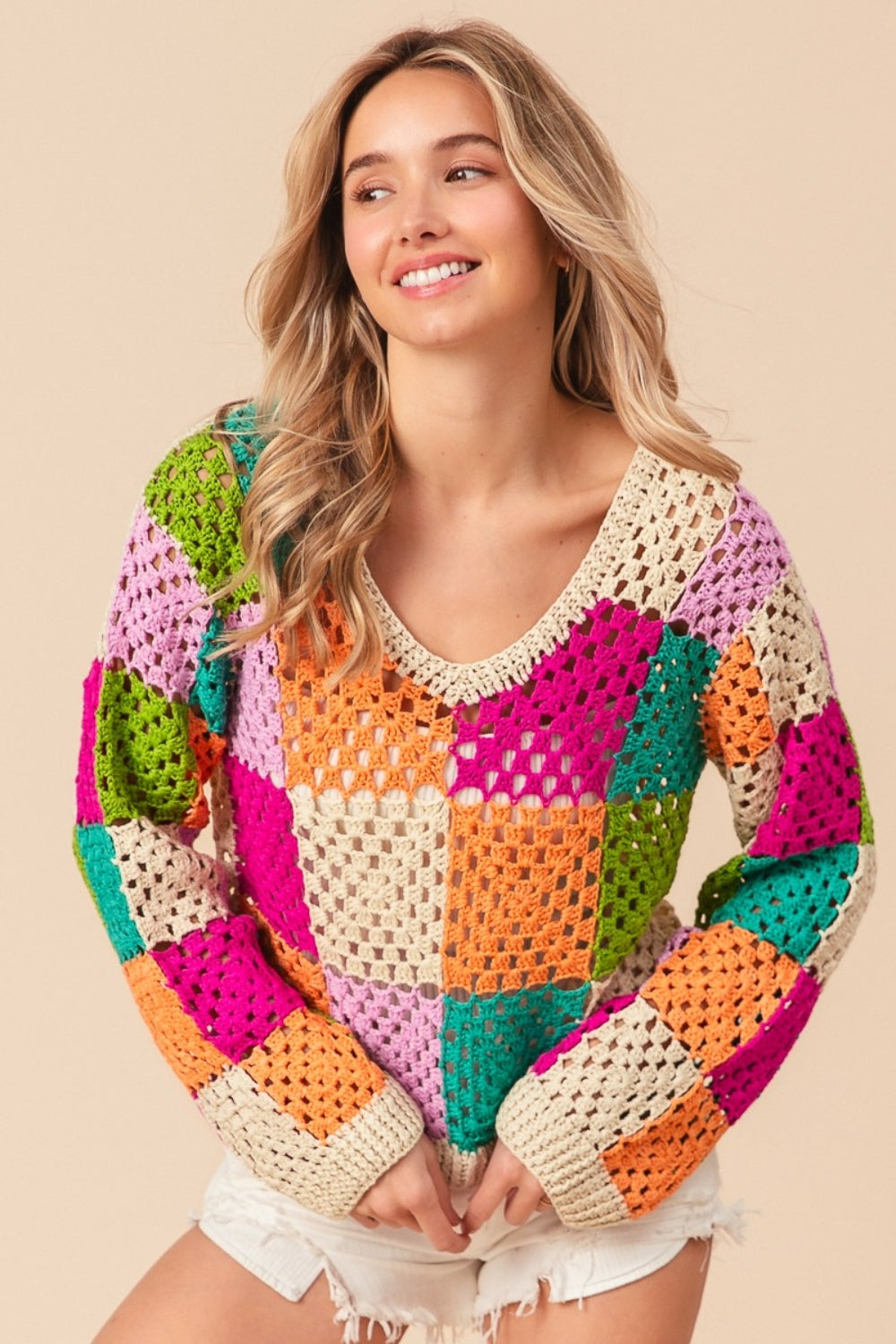 Multi Color Checkered Long Sleeve Knit Boho Top - Spirit and Rebel [Spirit and Rebel]   