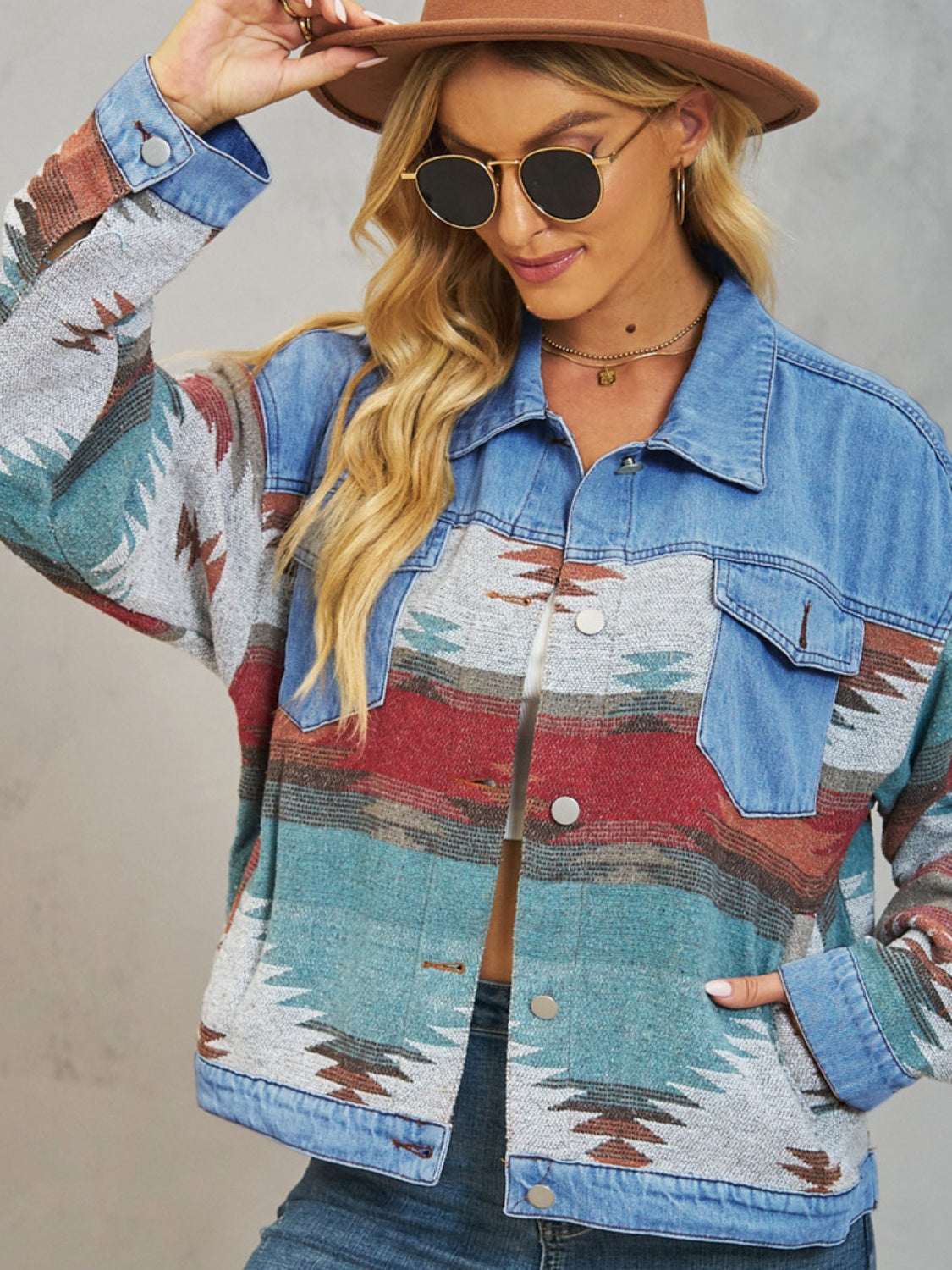 Spirit and Rebel Geometric Button Up Dropped Shoulder Denim Boho Jacket [Spirit and Rebel]   