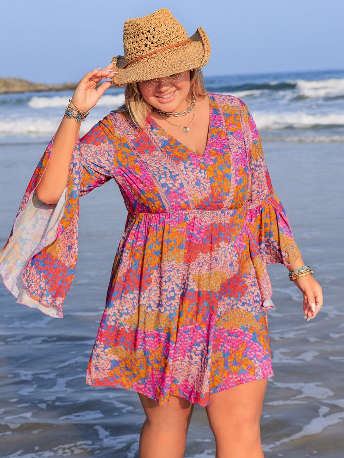 Plus Size Ruched Printed Long Sleeve Dress - Spirit and Rebel [Spirit and Rebel]   