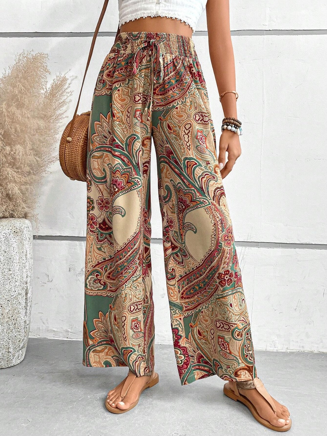 Printed Wide Leg Pants [Spirit and Rebel] Camel S 