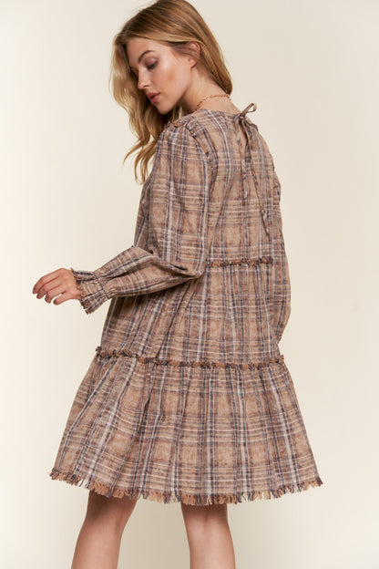 Spirit and Rebel Plus Size Washed Frayed Tiered Plaid Dress [Spirit and Rebel]   