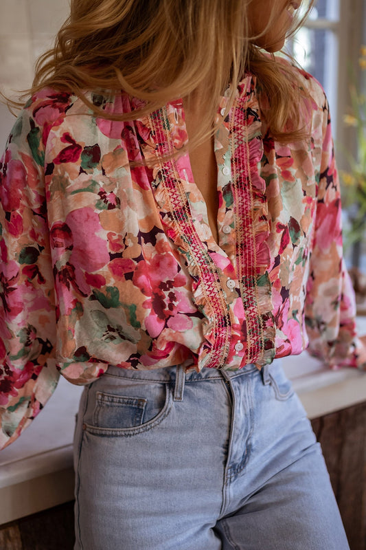 Frill Floral Button Down Long Sleeve Boho Chic Shirt [Spirit and Rebel] Pink S 