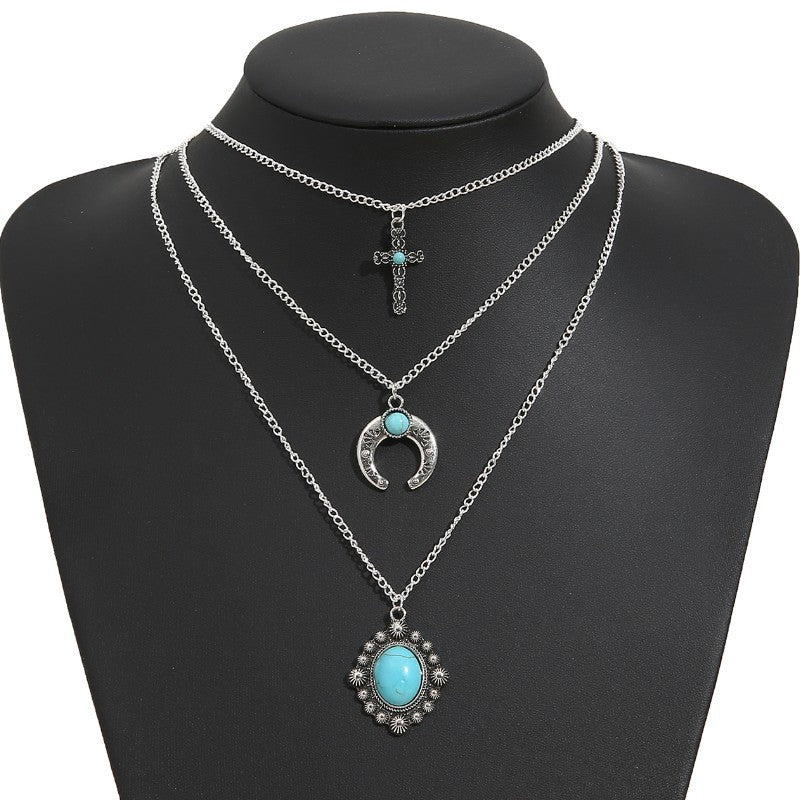 Artificial Turquoise Alloy Three-Layered Necklace [Spirit and Rebel]