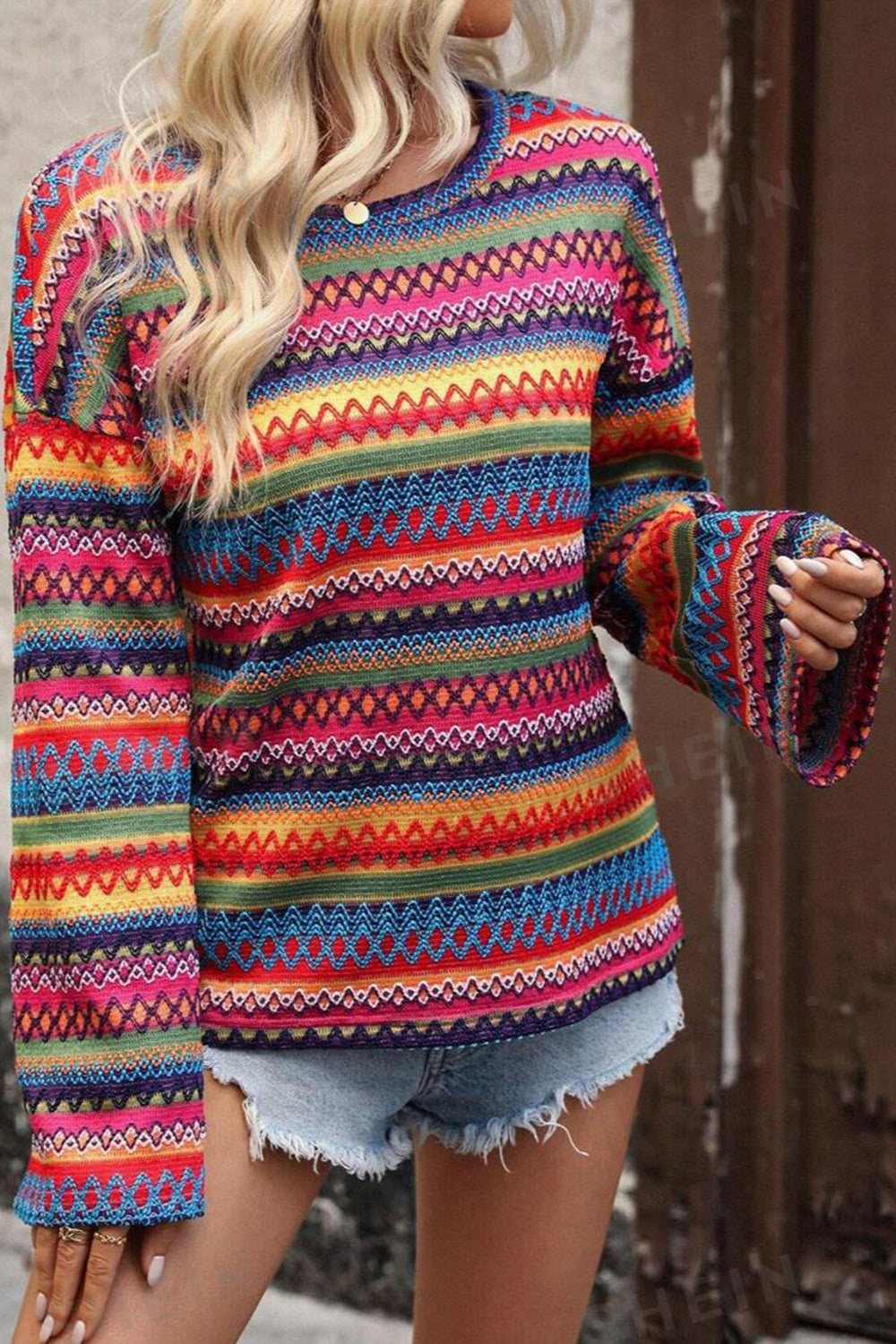 Contrast Round Neck Long Sleeve Boho Top - Spirit and Rebel [Spirit and Rebel]   