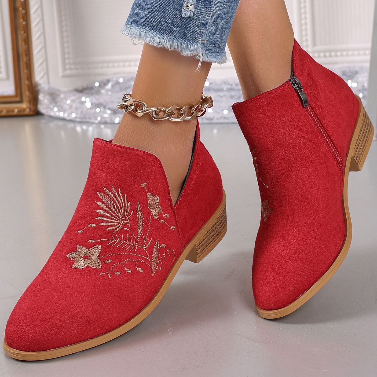 Spirit and Rebel Embroidered Suede Point Toe Block Heel Boho Boots [Spirit and Rebel]   