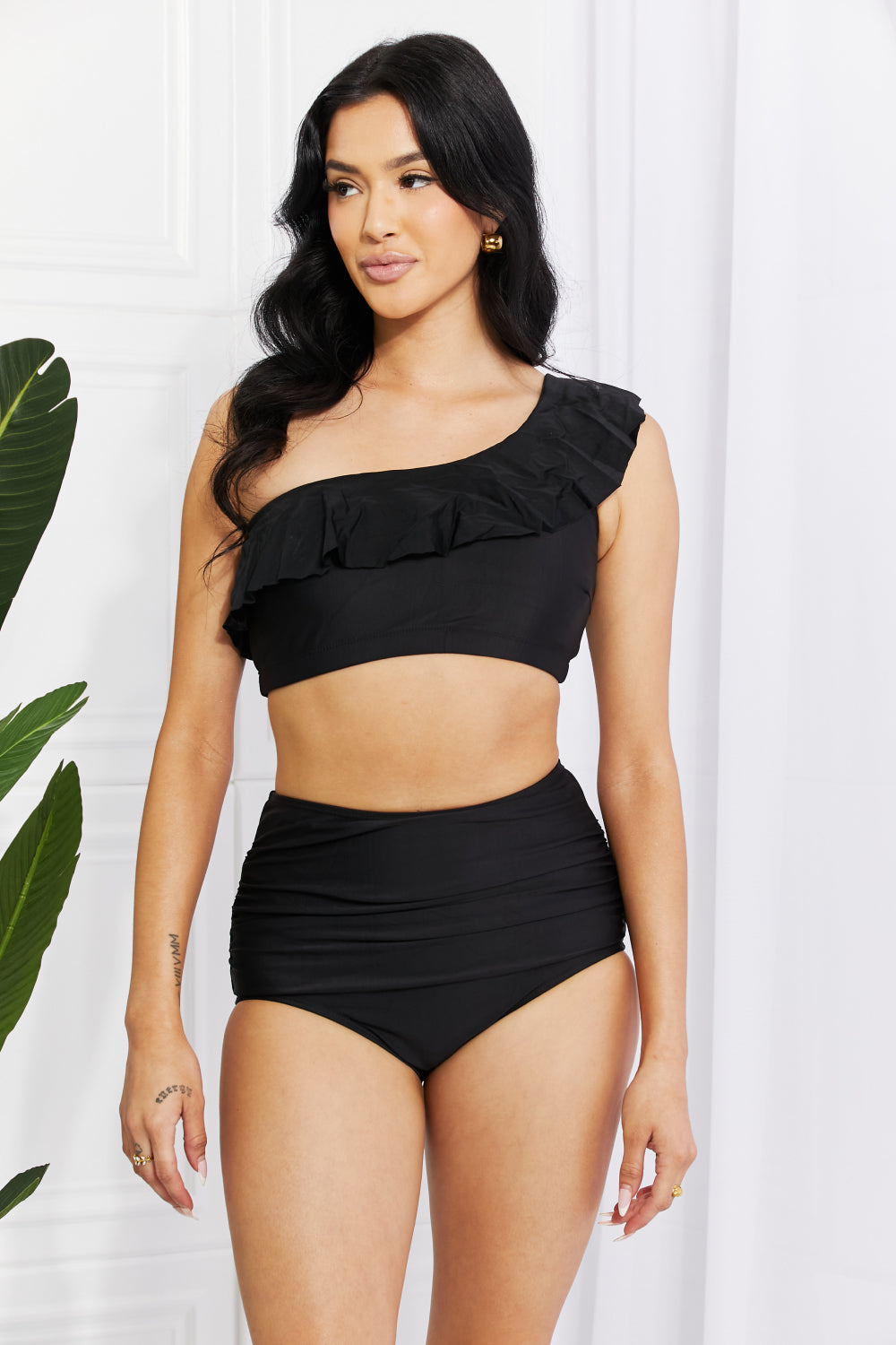 Marina West Swim Seaside Romance Ruffle One-Shoulder Bikini in Black [Spirit and Rebel] Black S