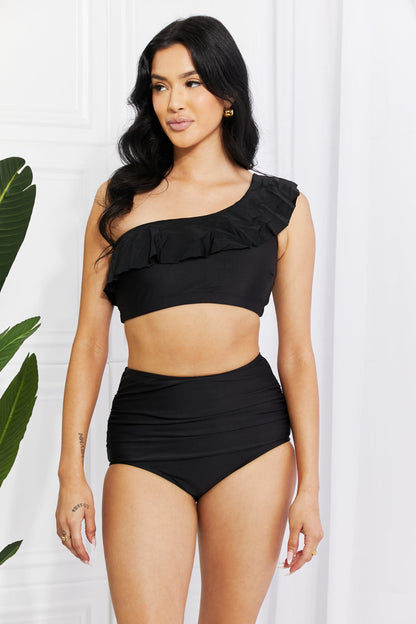 Marina West Swim Seaside Romance Ruffle One-Shoulder Bikini in Black [Spirit and Rebel] Black S