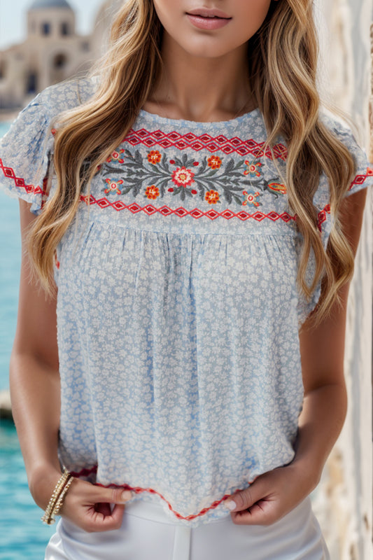 Embroidered Round Neck Cap Sleeve Boho Blouse - Spirit and Rebel [Spirit and Rebel] Light Blue S 