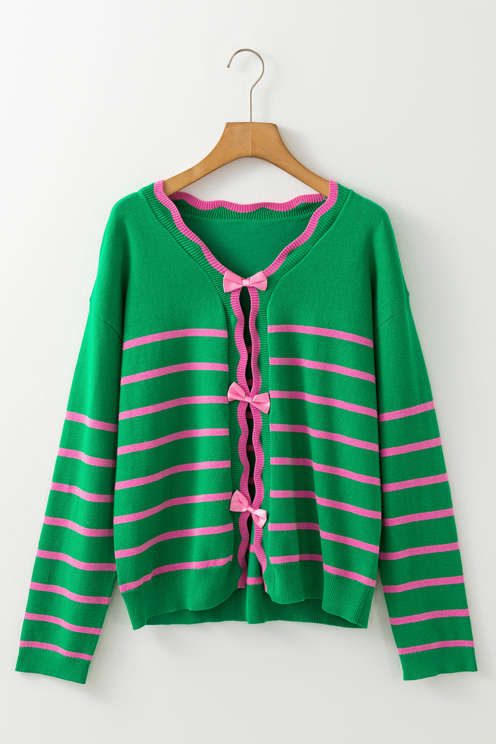 Bow Striped V-Neck Long Sleeve Boho Cardigan [Spirit and Rebel]   