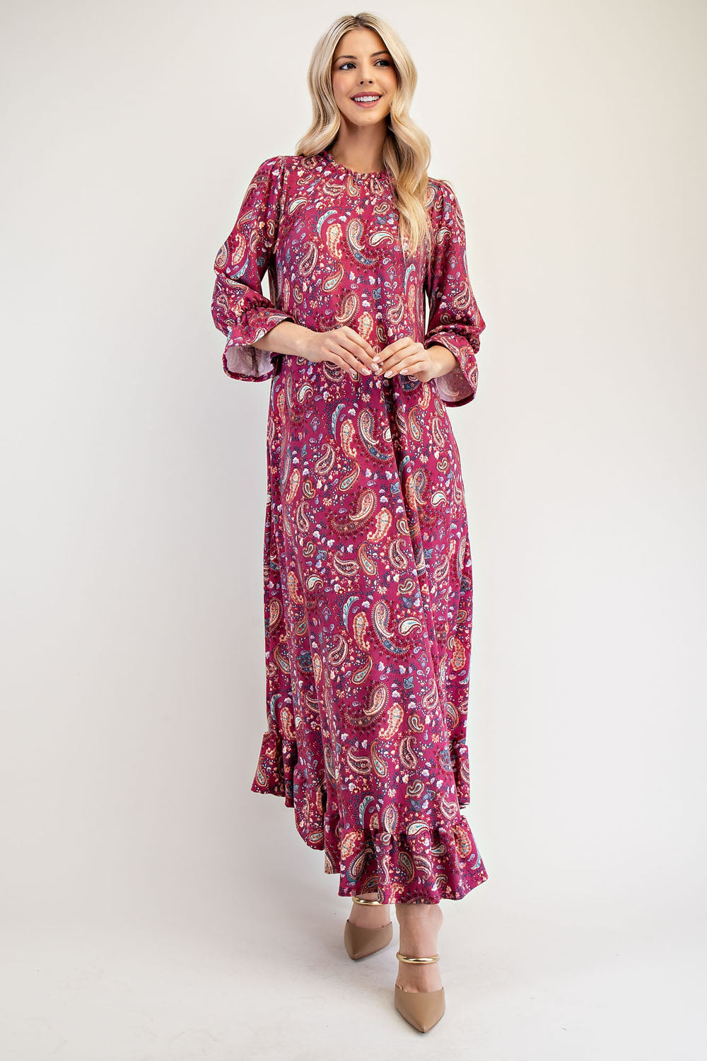 Plus Size Ruffle Hem Paisley Round Neck Dress [Spirit and Rebel]