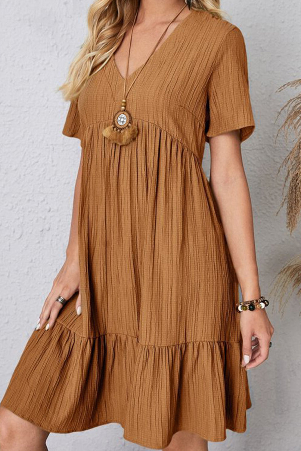 Boho Chic  Plus Size Ruched V-Neck Short Sleeve Dress [Spirit and Rebel]   