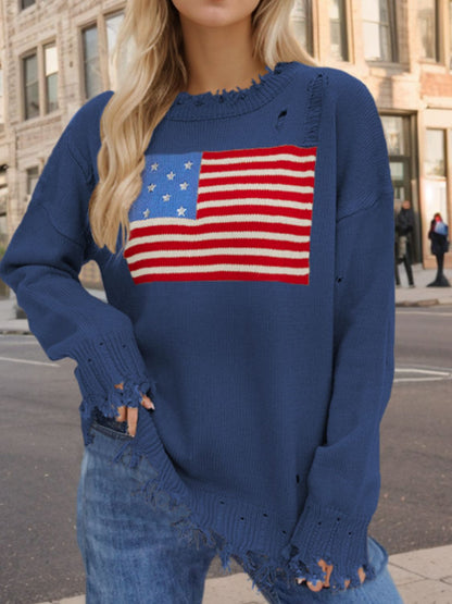 US Flag Distressed Round Neck Long Sleeve Boho Sweater - Spirit and Rebel [Spirit and Rebel]   