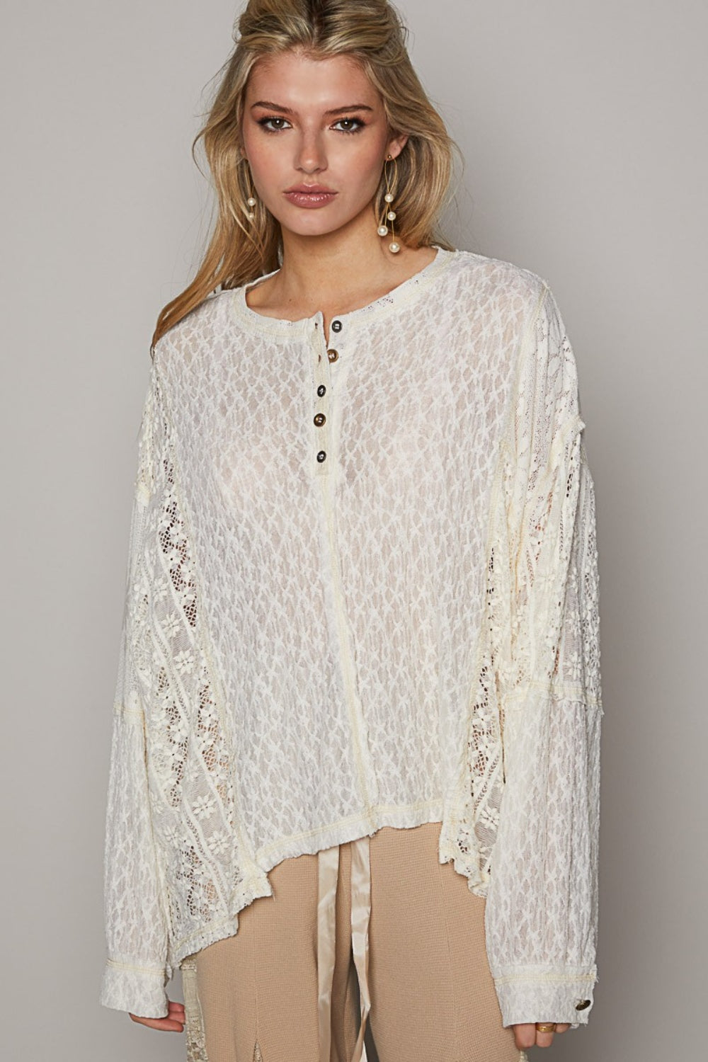 POL Round Neck Long Sleeve Raw Edge Lace Top [Spirit and Rebel]   