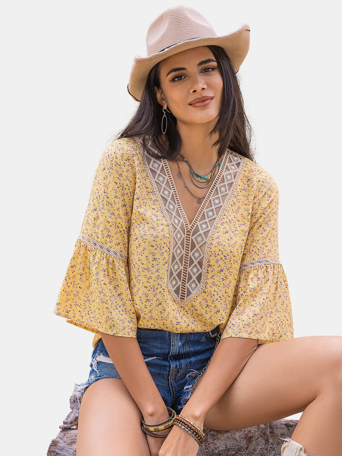 Ditsy Floral V-Neck Boho Blouse - Spirit and Rebel [Spirit and Rebel]   