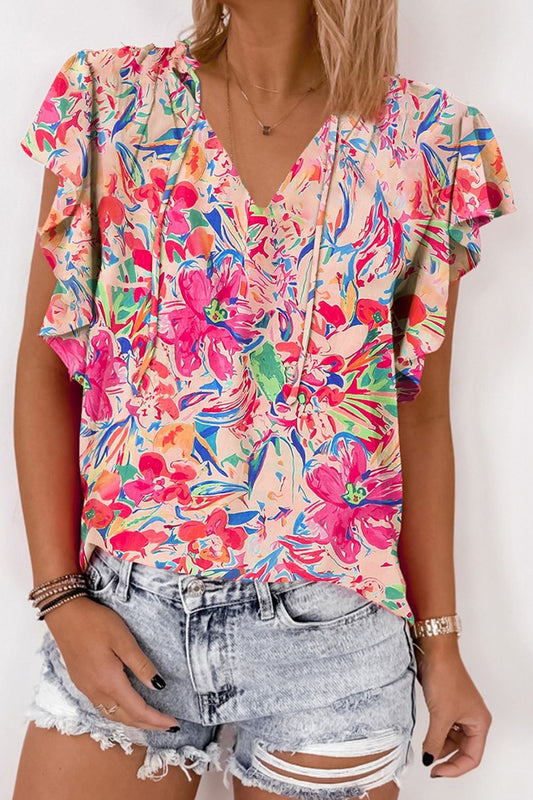 Ruffled Printed Tie Neck Cap Sleeve Boho Blouse - Spirit and Rebel [Spirit and Rebel] Floral S 