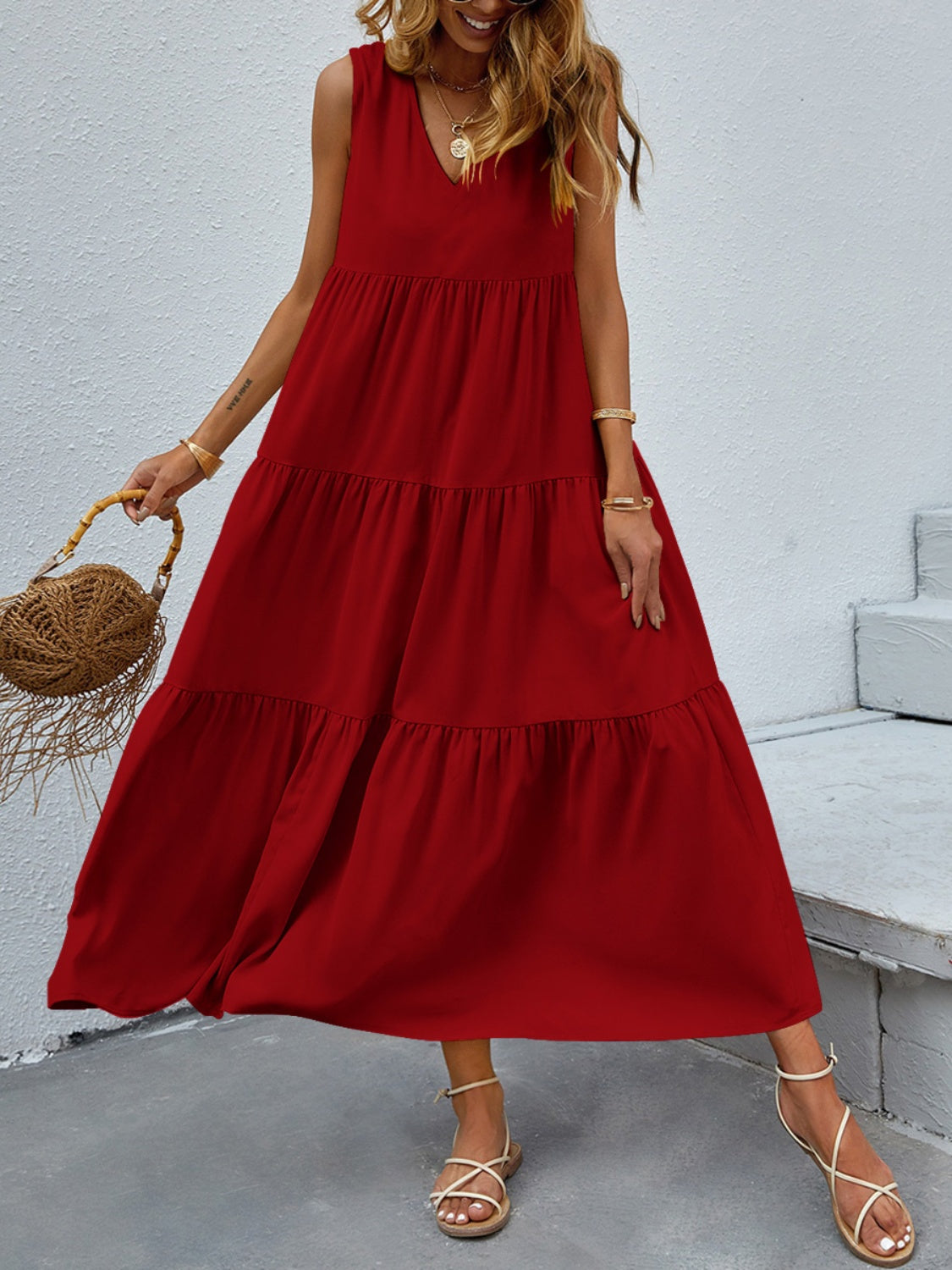 Boho Chic  Tiered V-Neck Sleeve Dress [Spirit and Rebel] Wine S 