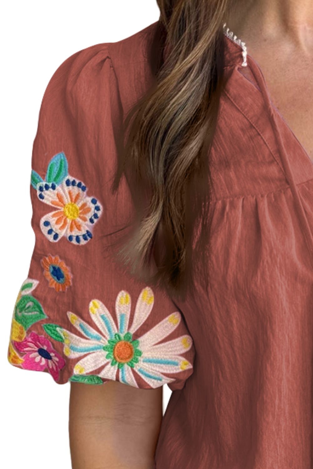 Embroidered Tie Neck Half Sleeve Boho Blouse - Spirit and Rebel [Spirit and Rebel]   