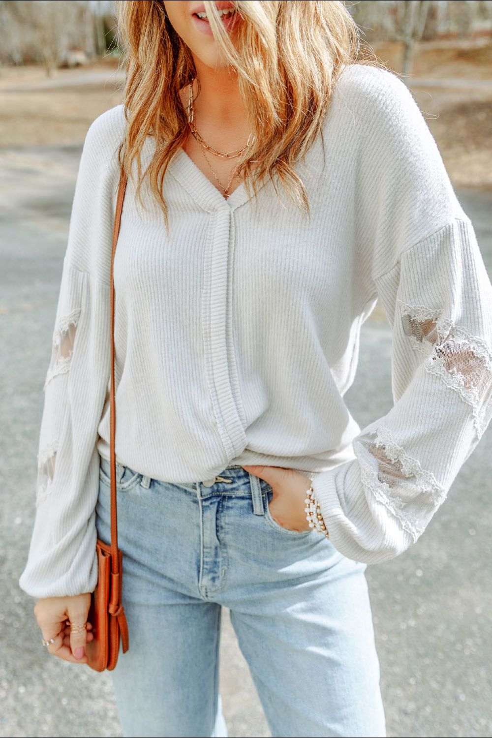 Lace Detail Drop Sleeve Ribbed Top [Spirit and Rebel] White S