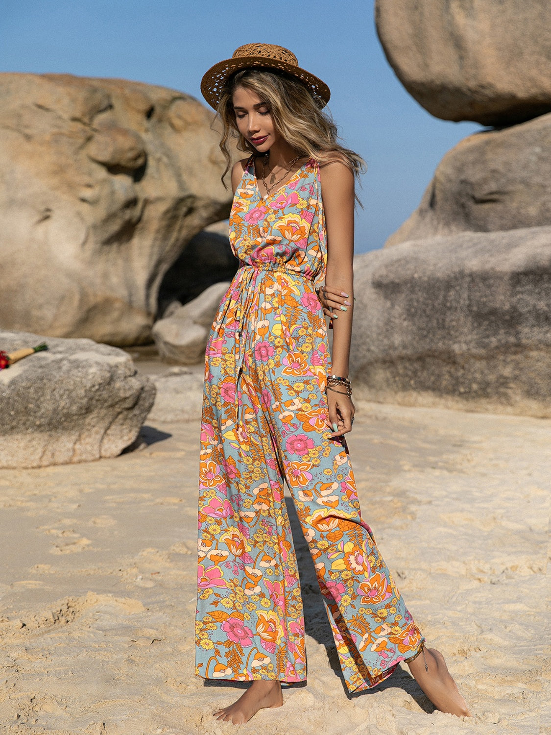 V-Neck Wide Leg Boho Jumpsuit - Spirit and Rebel [Spirit and Rebel]   