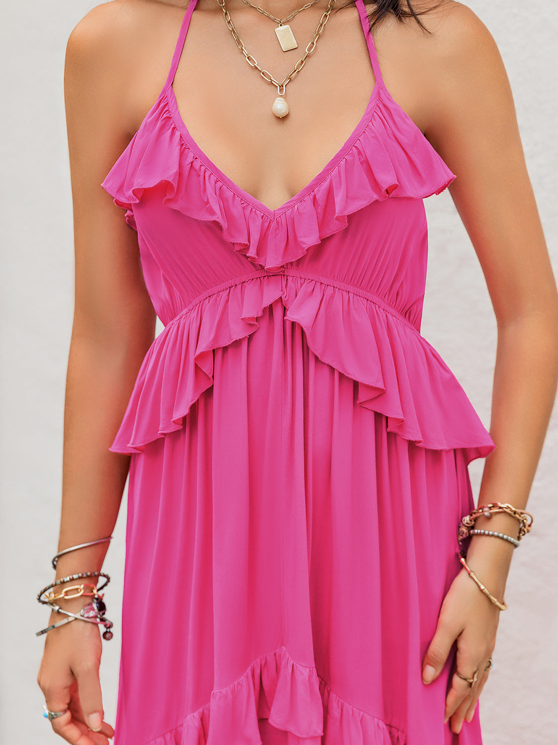 Ruffled Halter Neck Sleeveless Maxi Boho Dress - Spirit and Rebel [Spirit and Rebel]   