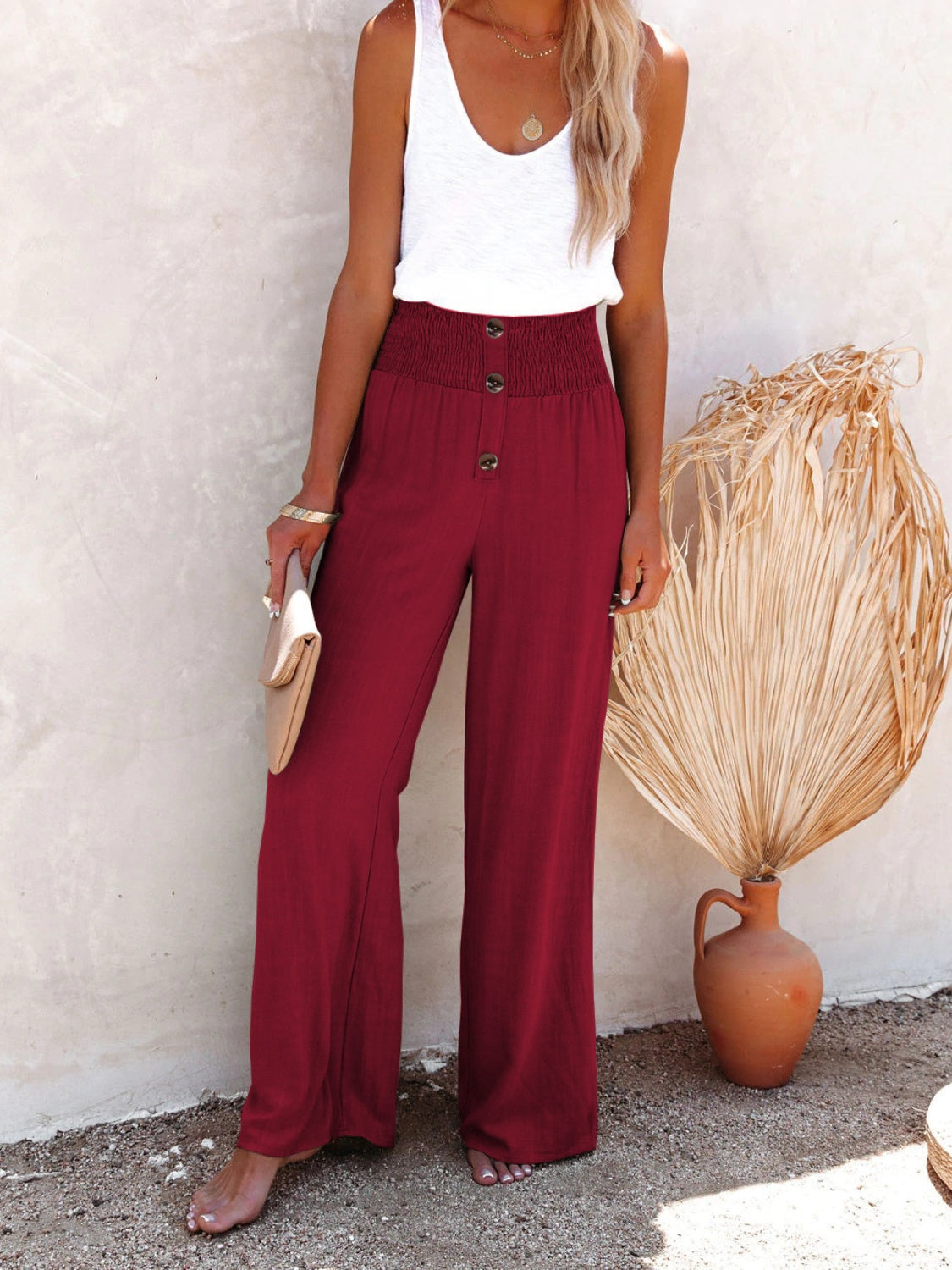 Plus Size Decorative Button High Waist Boho Pants - Spirit and Rebel [Spirit and Rebel] Burgundy S 