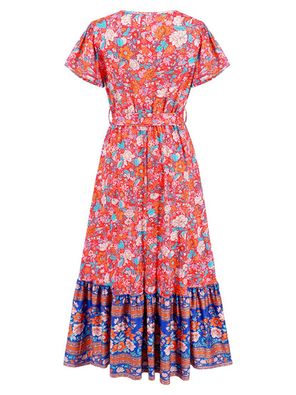 Tied Printed V-Neck Short Sleeve Boho Wedding Guest Dress [Spirit and Rebel]   