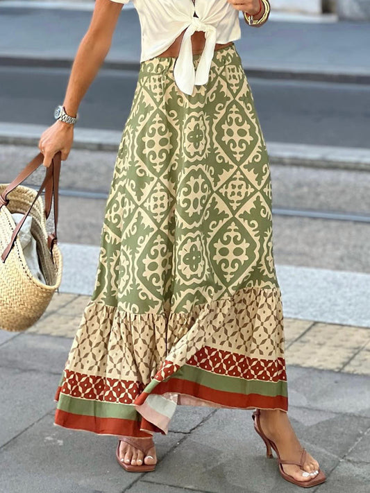 Geometric Elastic Waist Maxi Boho Skirt - Spirit and Rebel [Spirit and Rebel] Matcha Green S 