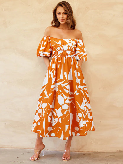 Printed Off-Shoulder Balloon Sleeve Dress [Spirit and Rebel] Pumpkin S 