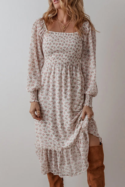 Spirit and Rebel Smocked Floral Square Neck Long Sleeve Midi Dress [Spirit and Rebel] Floral S 